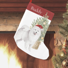 Samoyed Dog and Christmas Tree Watercolor Pet