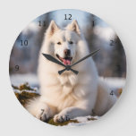 Samoyed Dog Beautiful Portrait In Snow Large Clock at Zazzle