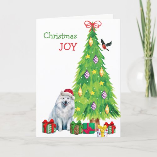 Samoyed Dog Bird and Christmas Tree Holiday Card