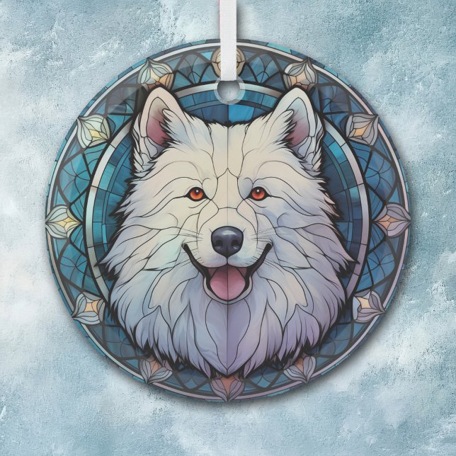 Samoyed Dog Blue Border Stained Glass Ornament (Creator Uploaded)