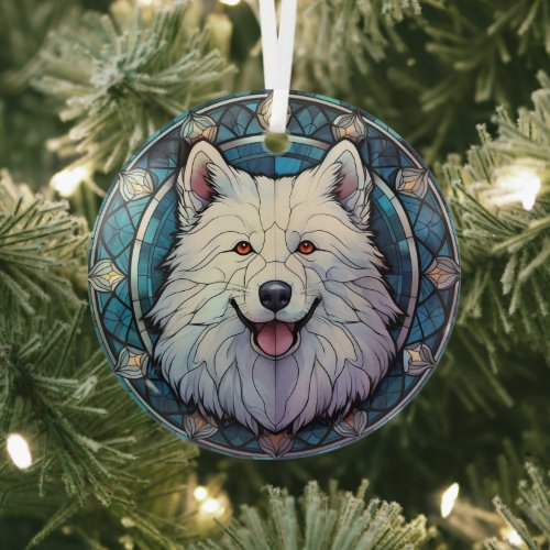 Samoyed Dog Blue Border Stained Glass Ornament