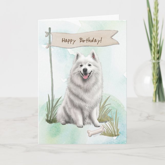 Samoyed Dog Breed Outdoors Under Birthday Sign Card (Front)