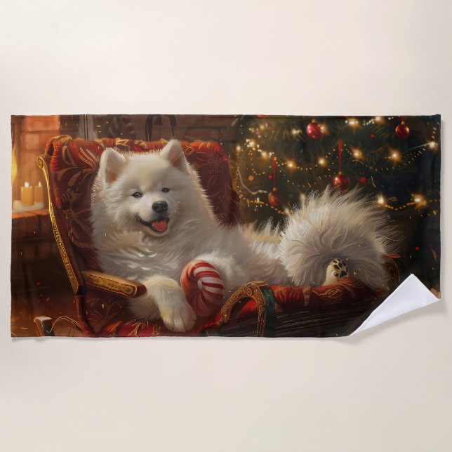 Samoyed Dog Christmas Festive  Beach Towel (Front)