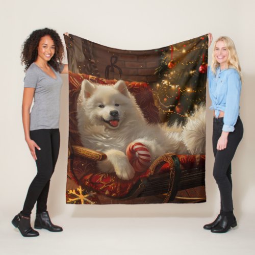 Samoyed Dog Christmas Festive  Fleece Blanket