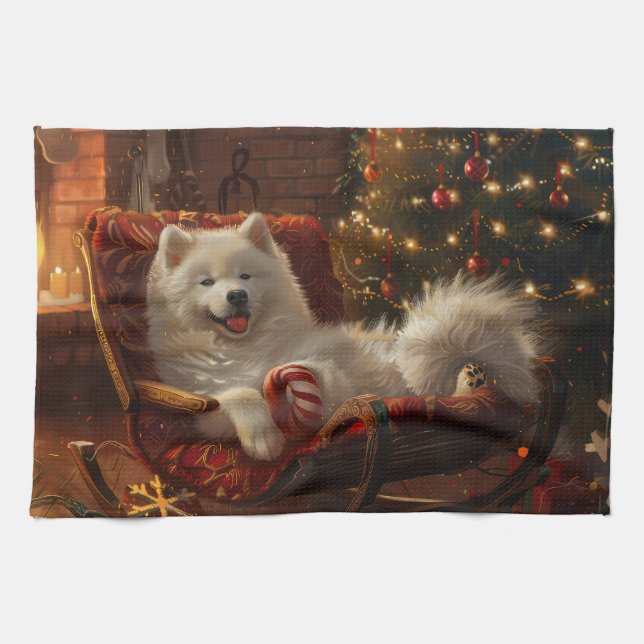 Samoyed Dog Christmas Festive  Kitchen Towel (Horizontal)