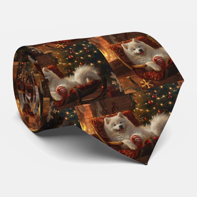 Samoyed Dog Christmas Festive  Neck Tie (Rolled)