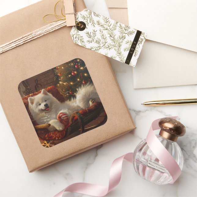 Samoyed Dog Christmas Festive  Square Sticker (Gifting)