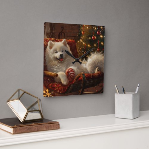 Samoyed Dog Christmas Festive  Square Wall Clock