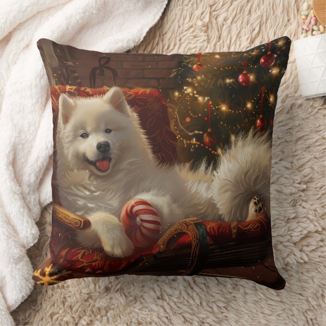 Samoyed Dog Christmas Festive  Throw Pillow (Blanket)