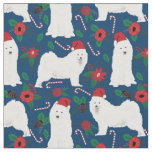 Samoyed dog christmas floral navy blue fabric