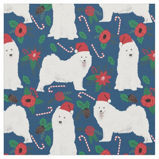 Samoyed dog christmas floral navy blue fabric