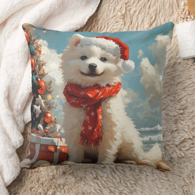 Samoyed Dog Christmas Vintage Beach Throw Pillow (Blanket)