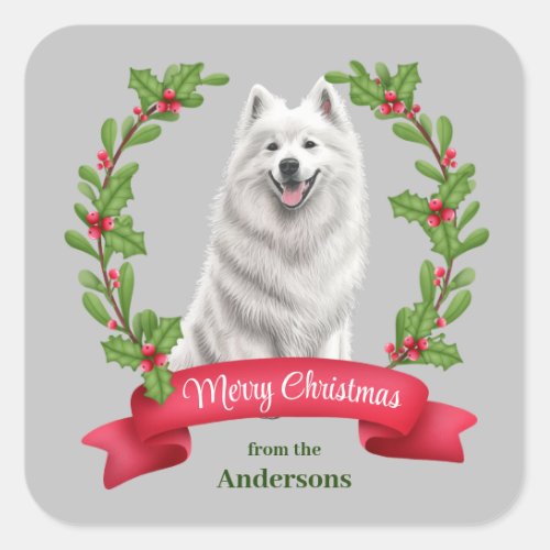 Samoyed Dog Holly Banner Christmas Square Sticker