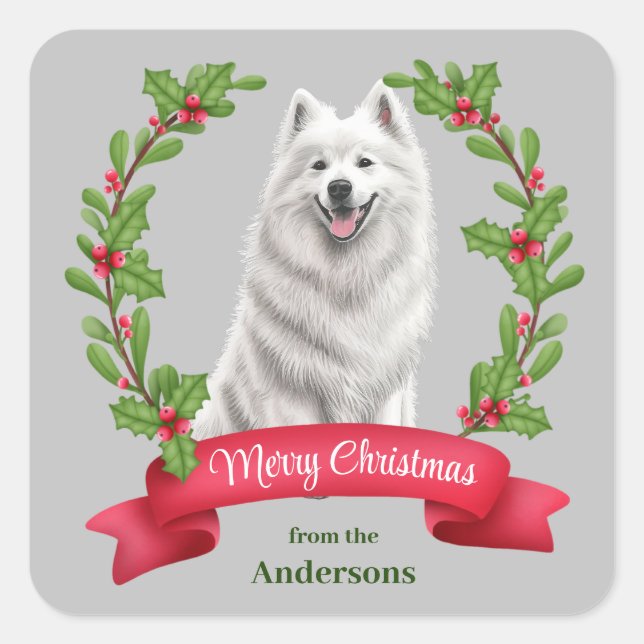 Samoyed Dog Holly Banner Christmas Square Sticker (Front)