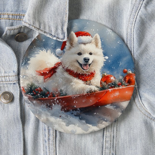 Samoyed Dog in Sledge Let it Snow Christmas Button (In Situ)