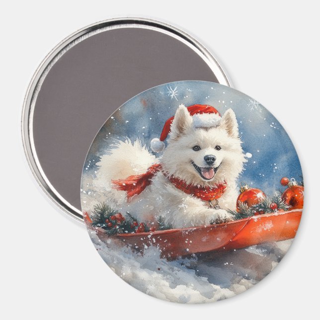 Samoyed Dog in Sledge Let it Snow Christmas Magnet (Front/Back)