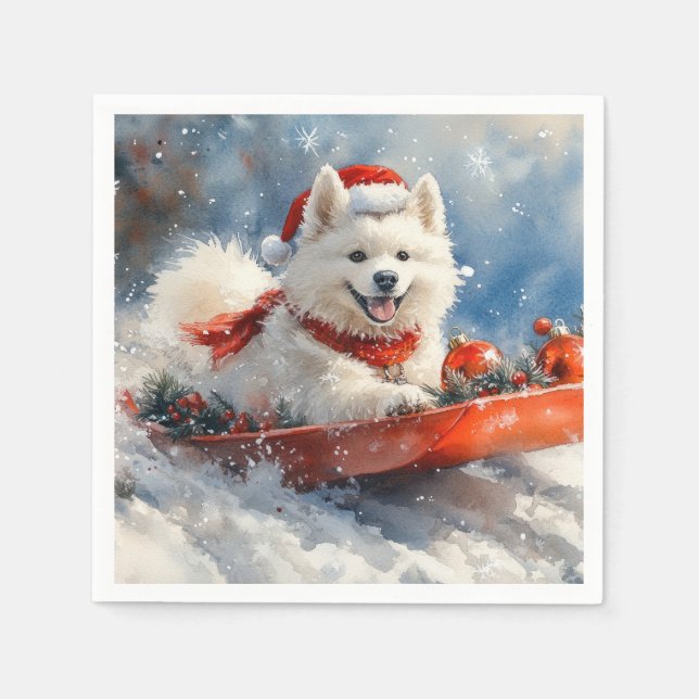 Samoyed Dog in Sledge Let it Snow Christmas Napkins (Front)