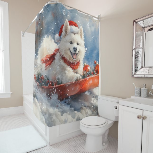 Samoyed Dog in Sledge Let it Snow Christmas Shower Curtain (In Situ)