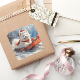 Samoyed Dog in Sledge Let it Snow Christmas Square Sticker