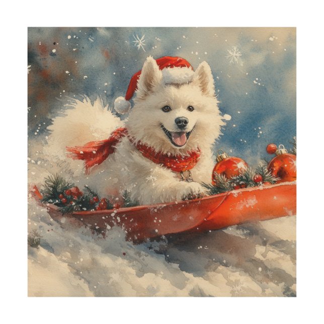 Samoyed Dog in Sledge Let it Snow Christmas Wood Wall Art (Front)