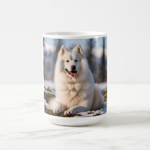 Samoyed dog in snow beautiful photo coffee mug