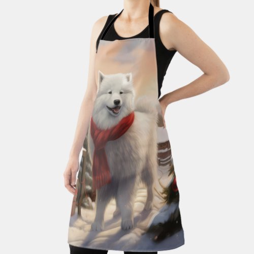 Samoyed Dog in Snow Christmas  Apron