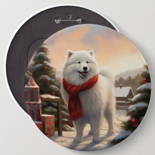 Samoyed Dog in Snow Christmas  Button (Front & Back)