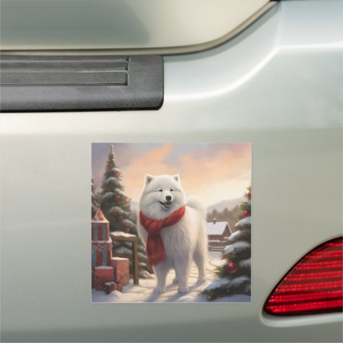 Samoyed Dog in Snow Christmas  Car Magnet