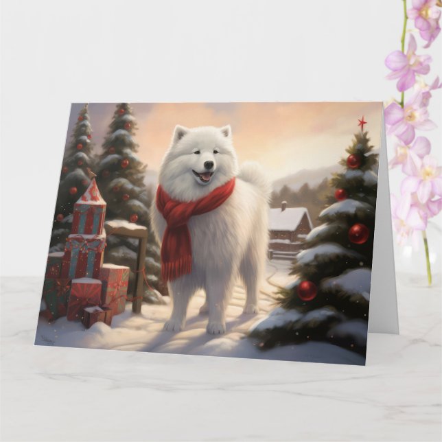 Samoyed Dog in Snow Christmas  Card (Orchid)