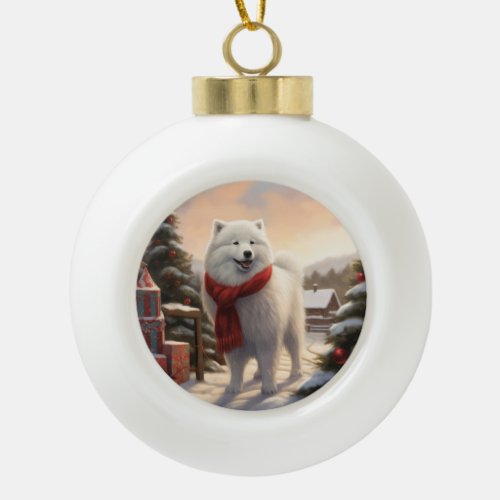 Samoyed Dog in Snow Christmas  Ceramic Ball Christmas Ornament