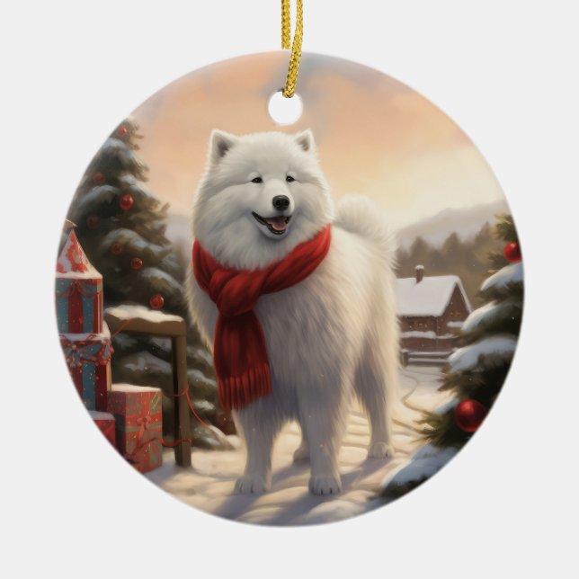 Samoyed Dog in Snow Christmas  Ceramic Ornament (Front)