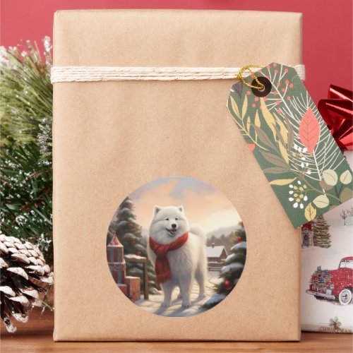 Samoyed Dog in Snow Christmas  Classic Round Sticker