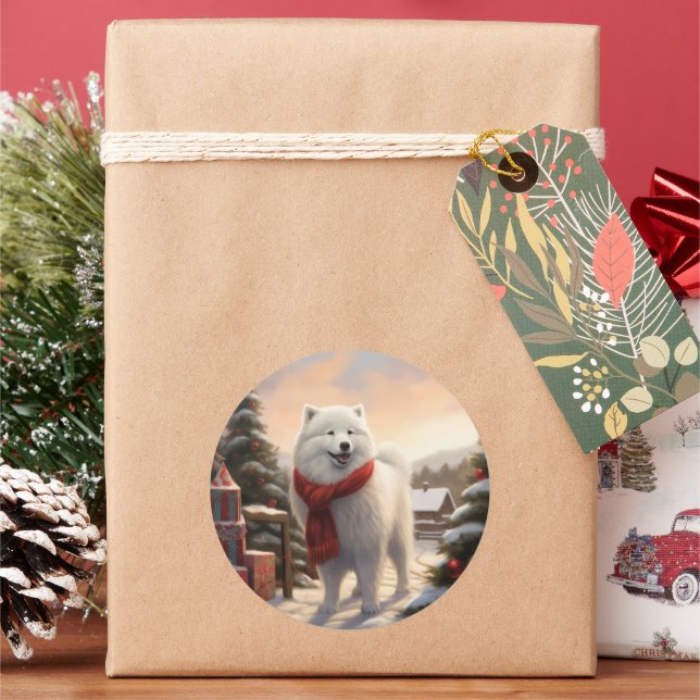 Samoyed Dog in Snow Christmas  Classic Round Sticker (Holiday)