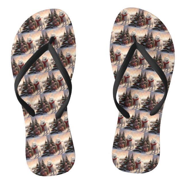 Samoyed Dog in Snow Christmas  Flip Flops (Footbed)