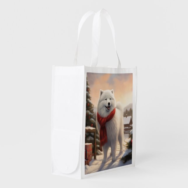 Samoyed Dog in Snow Christmas  Grocery Bag (Front Side)