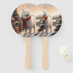 Samoyed Dog in Snow Christmas Hand Fan