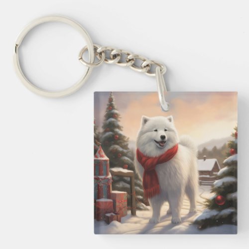 Samoyed Dog in Snow Christmas  Keychain