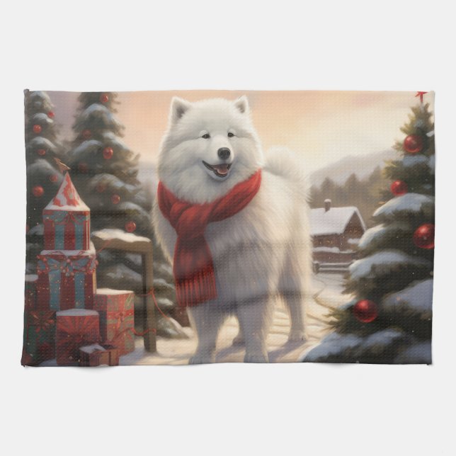 Samoyed Dog in Snow Christmas  Kitchen Towel (Horizontal)