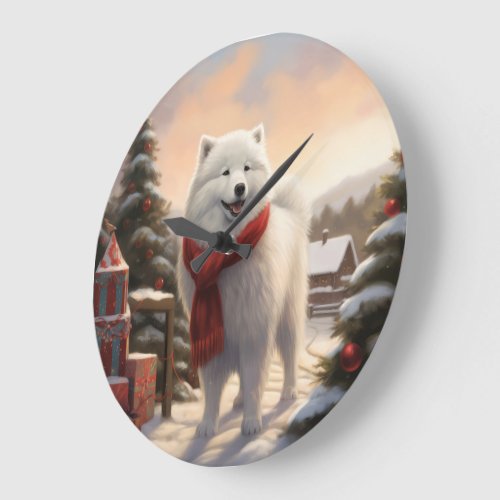 Samoyed Dog in Snow Christmas  Large Clock