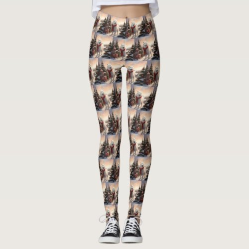 Samoyed Dog in Snow Christmas  Leggings