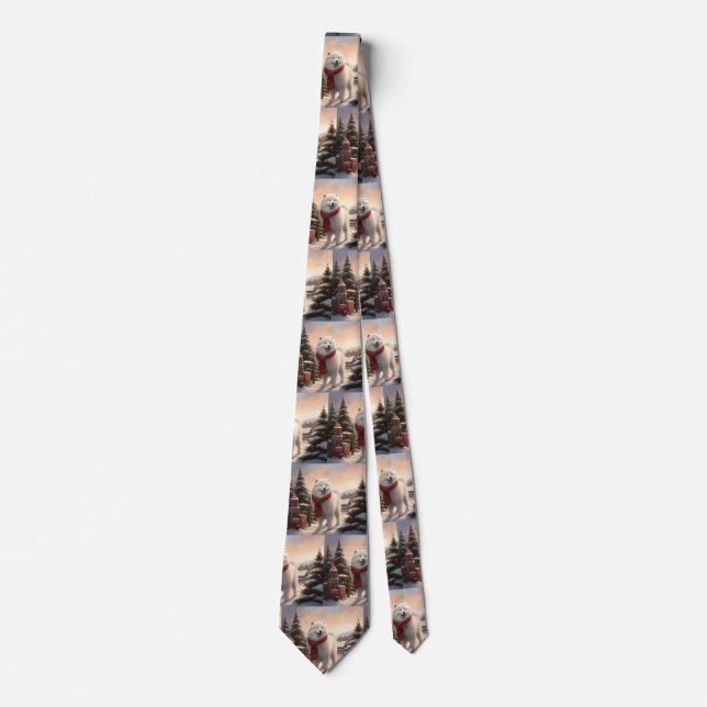Samoyed Dog in Snow Christmas  Neck Tie (Front)