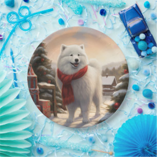 Samoyed Dog in Snow Christmas Paper Plates
