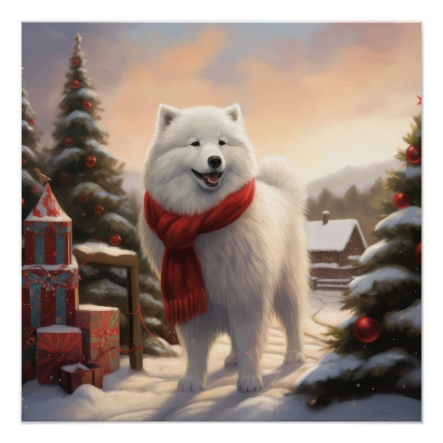 Samoyed Dog in Snow Christmas  Poster (Front)