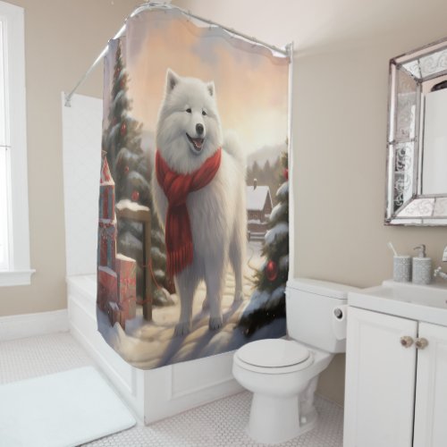 Samoyed Dog in Snow Christmas  Shower Curtain