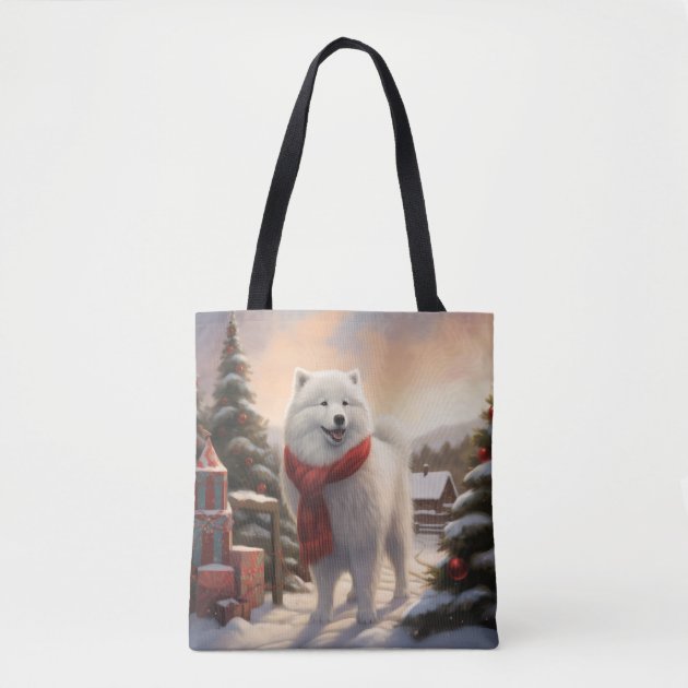 Samoyed Dog in Snow Christmas Tote Bag | Zazzle