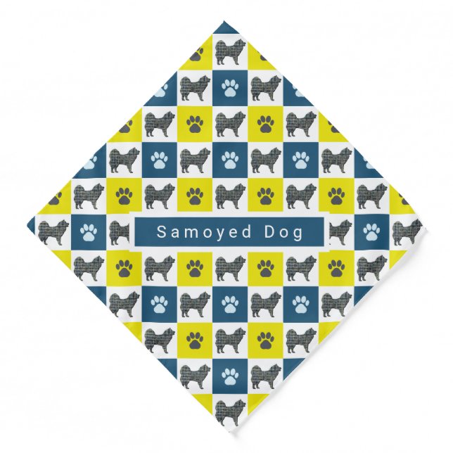 Samoyed Dog & Paw Yellow & Blue Grid Bandana (Front)