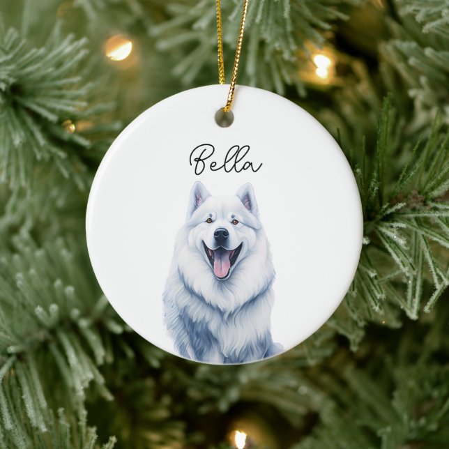 Samoyed Dog Pet Custom Name Holiday Christmas Ceramic Ornament (Tree)