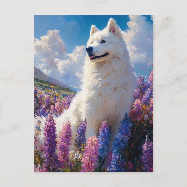 Samoyed Dog Purple Lupine Flowers Postcard (Front)