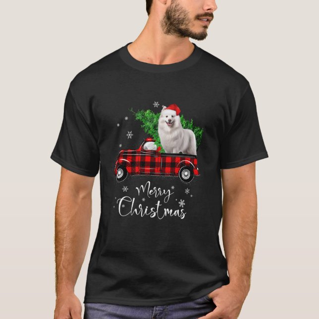 Samoyed Dog Ride Red Truck Christmas Pajama Long S T-Shirt (Front)