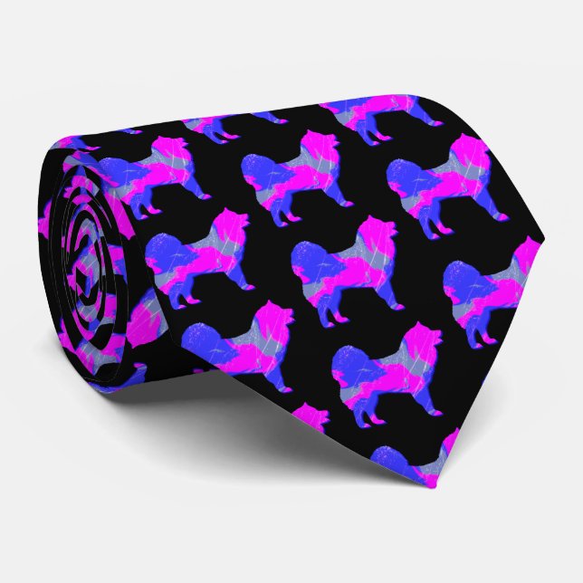 Samoyed Dog Silhouette Pink & Blue Light Black Neck Tie (Rolled)